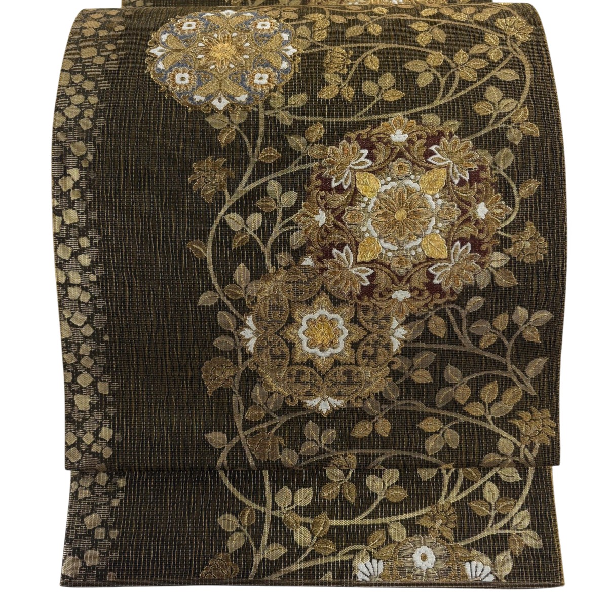 【美品】 袋帯 逸品 落款あり 黄金繭 華文 花唐草 金糸 金彩 茶色 六通 正絹 【中古】