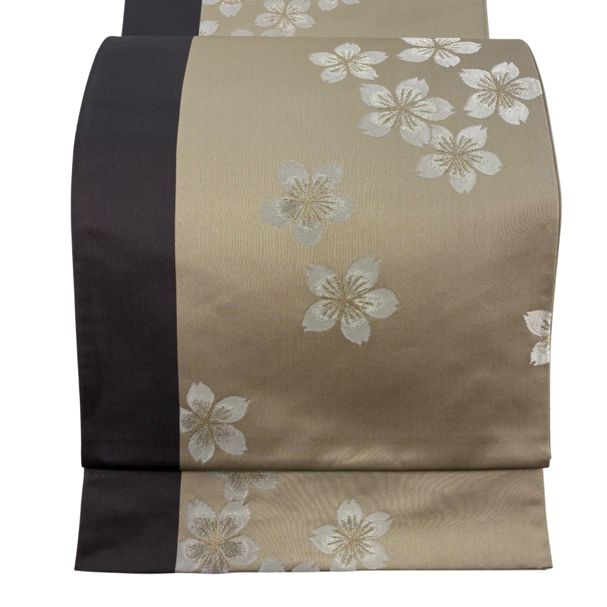 【美品】 袋帯 逸品 辻村ジュサブロー 落款あり 桜 縞 銀糸 ベージュ 六通 正絹 【中古】 msp30 15,007円