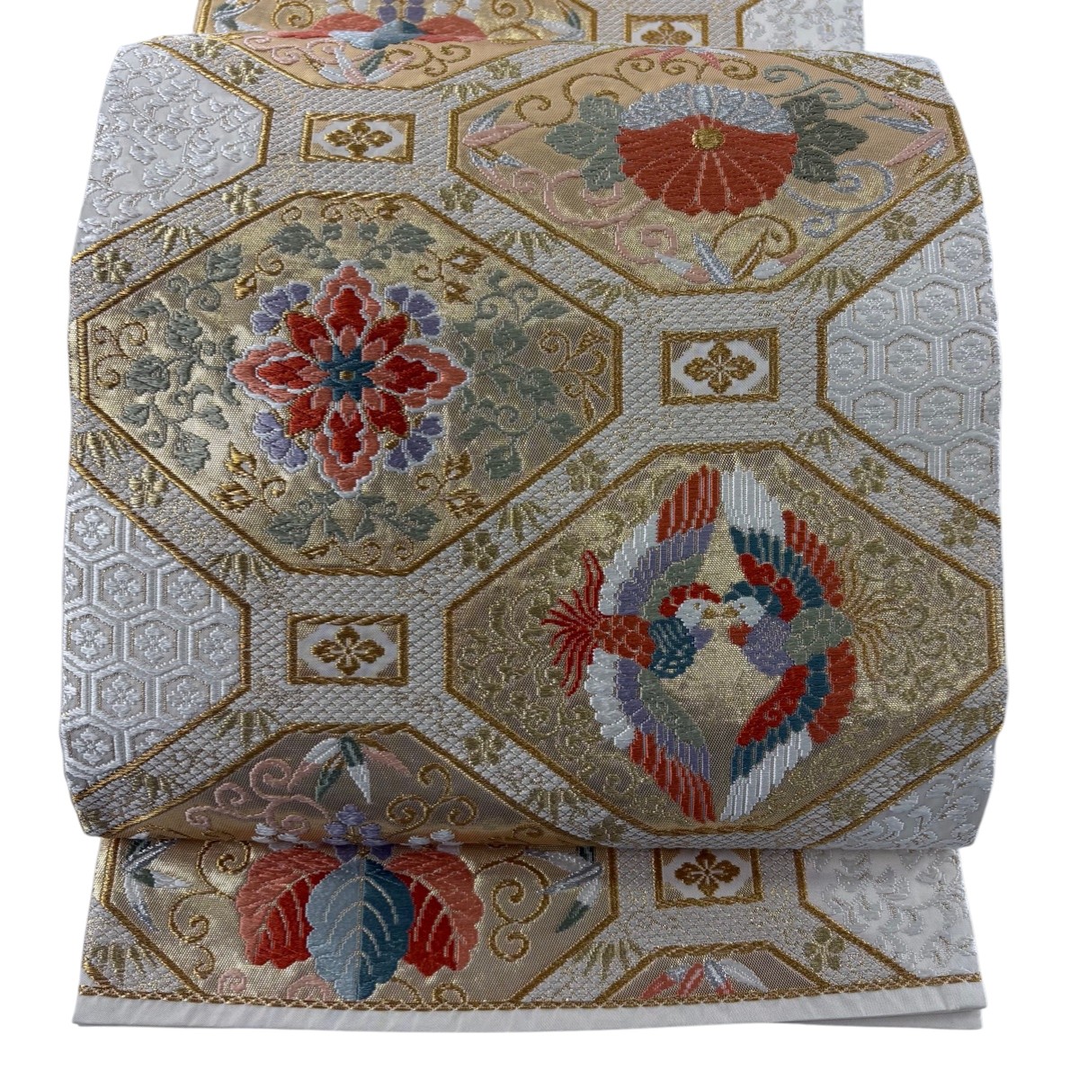 袋帯 秀品 蜀江華文 向かい鳥 金銀糸 唐織 金色 六通 正絹 【中古】