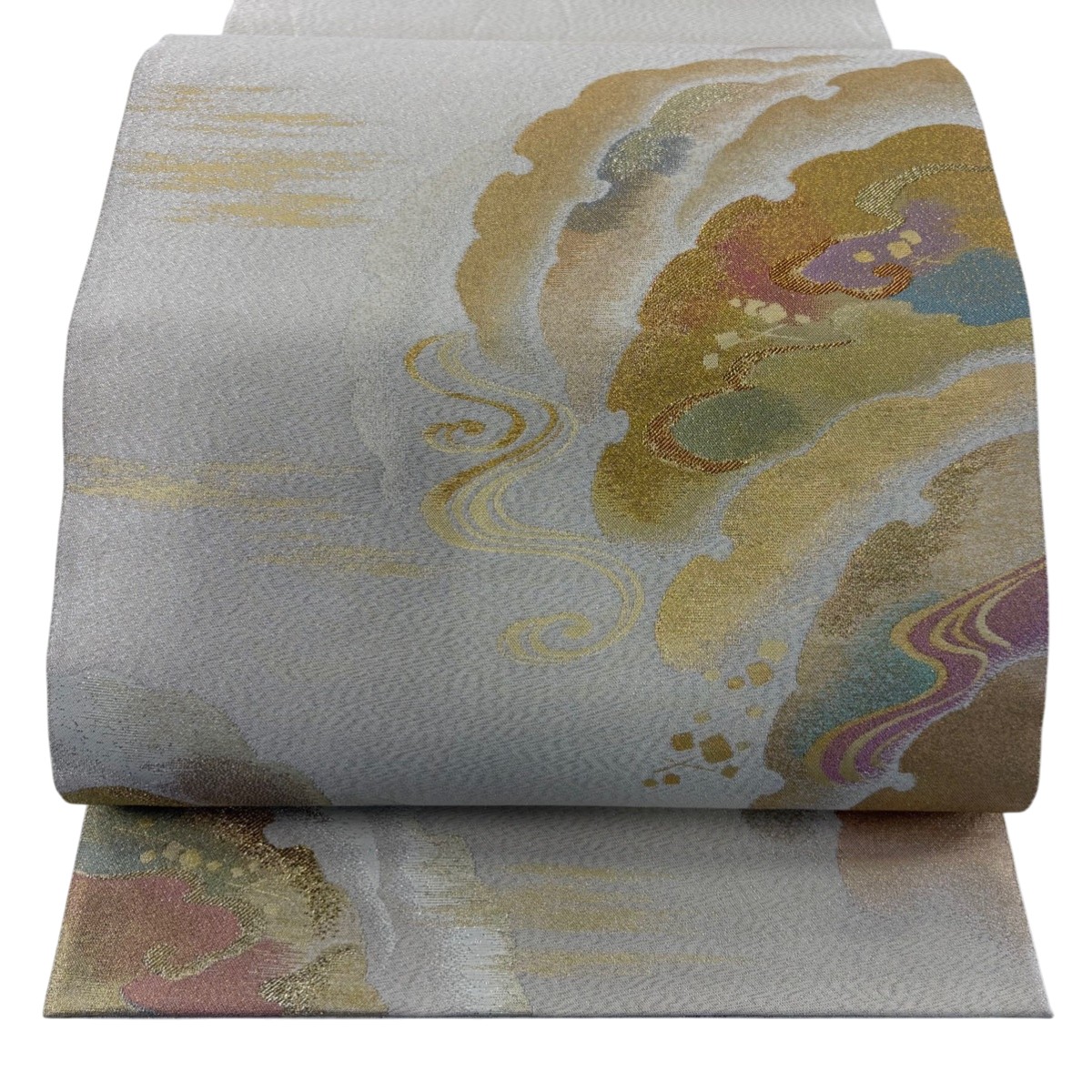 【美品】 袋帯 秀品 落款あり 雪輪 霞 金銀糸 箔 クリーム 六通 正絹 【中古】