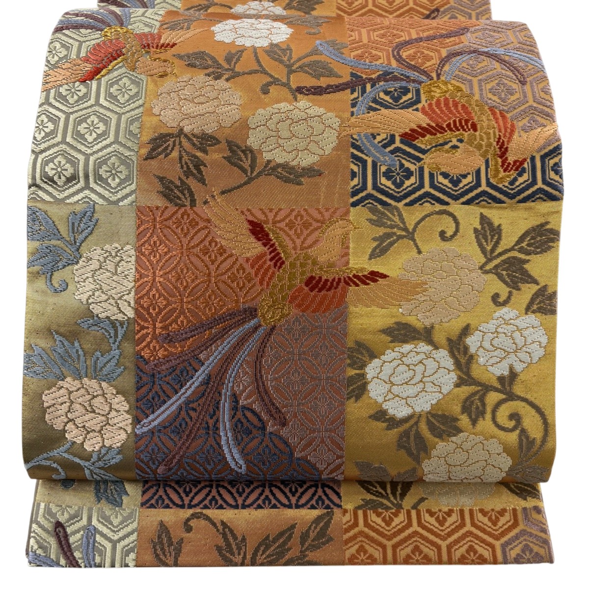 【美品】 袋帯 秀品 能衣鳳凰文 鳳凰 草花 唐織 箔 金色 六通 正絹 【中古】 6,864円