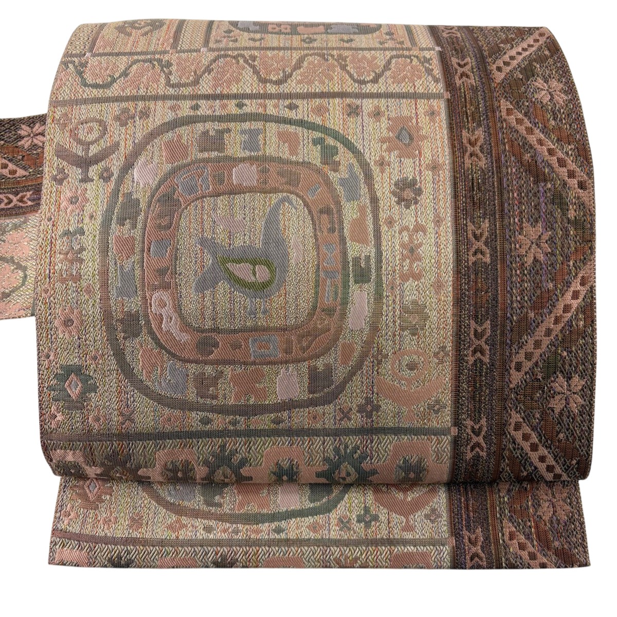 【美品】 名古屋帯 秀品 八寸名古屋帯 幾何学模様 鳥 ピンクベージュ 正絹 【中古】 msp50