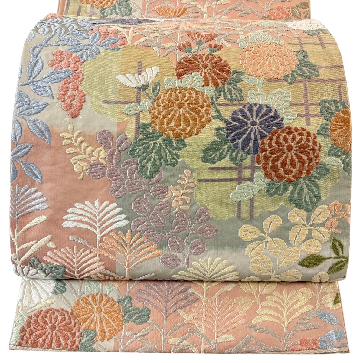 【美品】 袋帯 秀品 秋草 菊 箔 ピンクベージュ 六通 正絹 【中古】