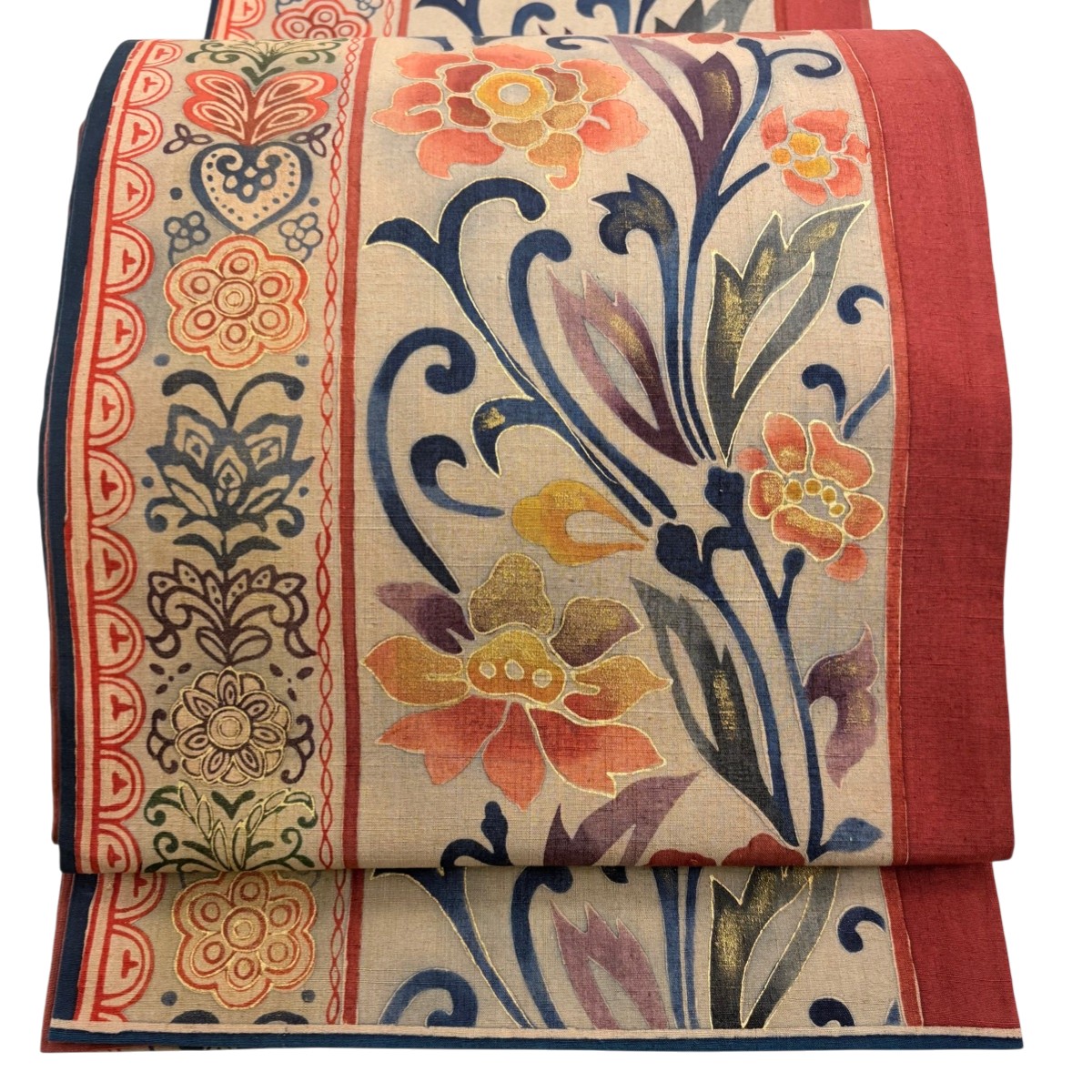 【美品】 袋帯 秀品 落款あり 関西仕立て 草花 幾何学模様 金彩 染め分け 薄茶色 お太鼓柄 正絹 【中古】