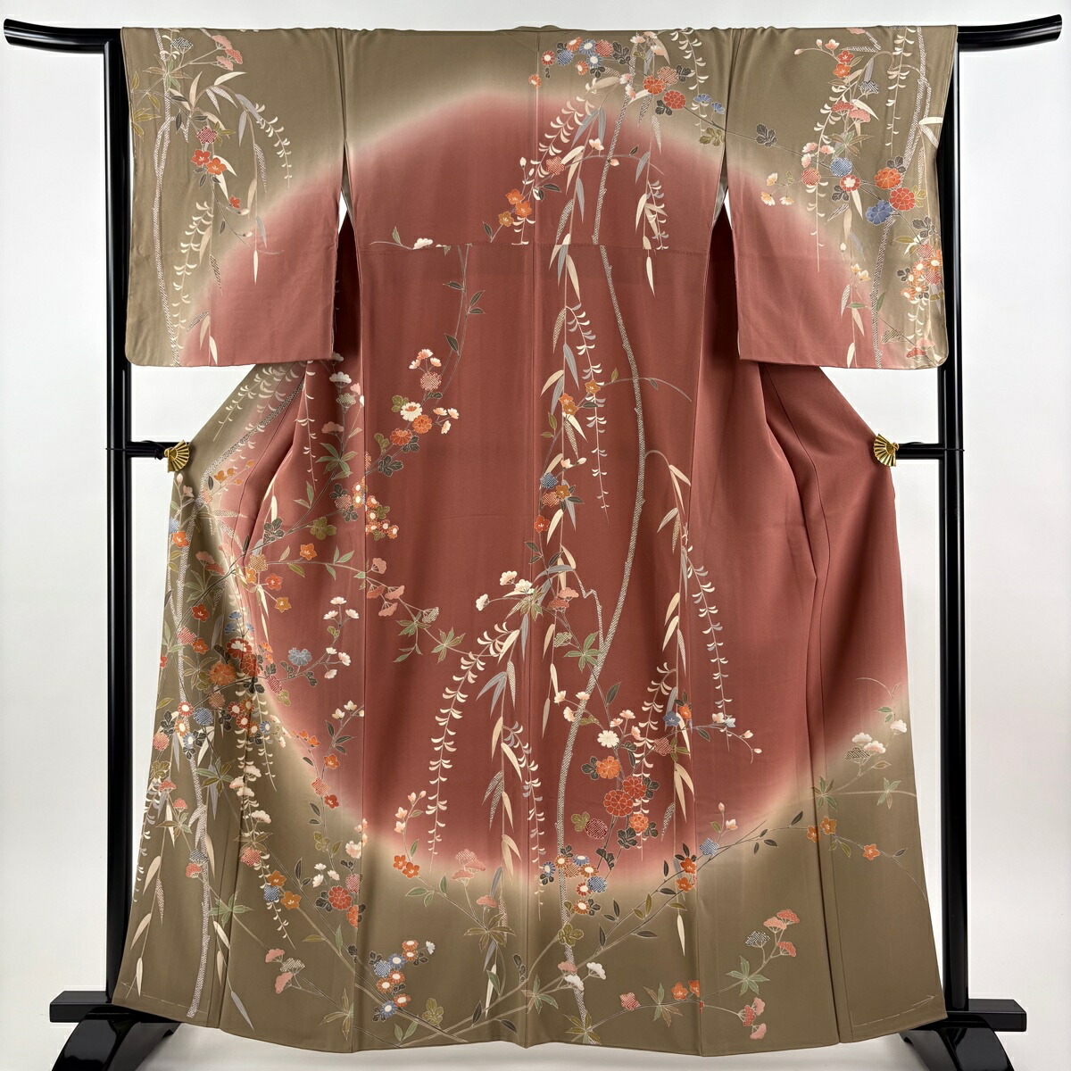 【美品】 訪問着 身丈161.5cm 裄丈65cm M 袷 草花 金糸 染め分け 灰茶 正絹 秀品 【中古】 msp50