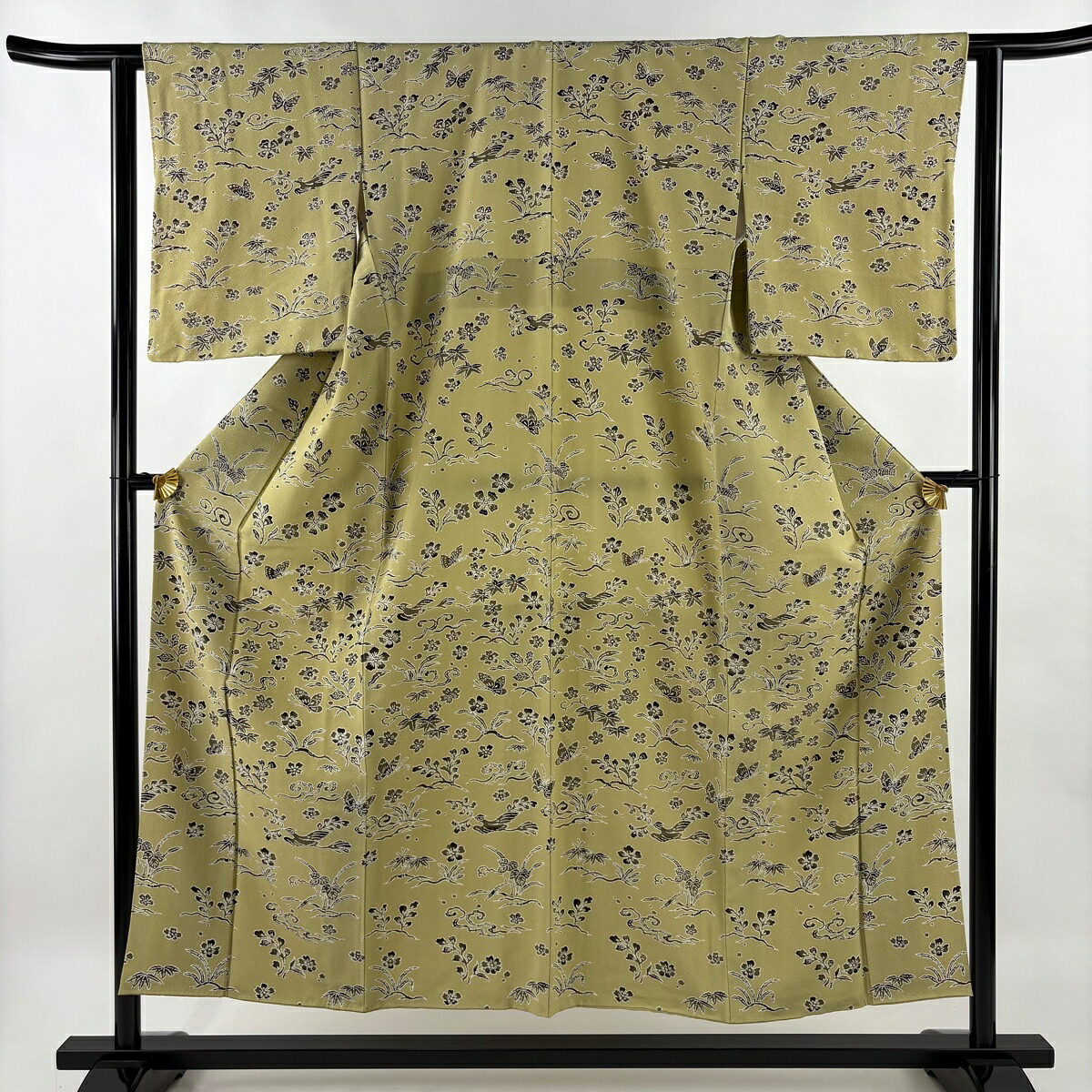 【美品】 小紋 身丈153.5cm 裄丈61.5cm S 袷 花喰い鳥 草花 灰緑 正絹 名品 【中古】