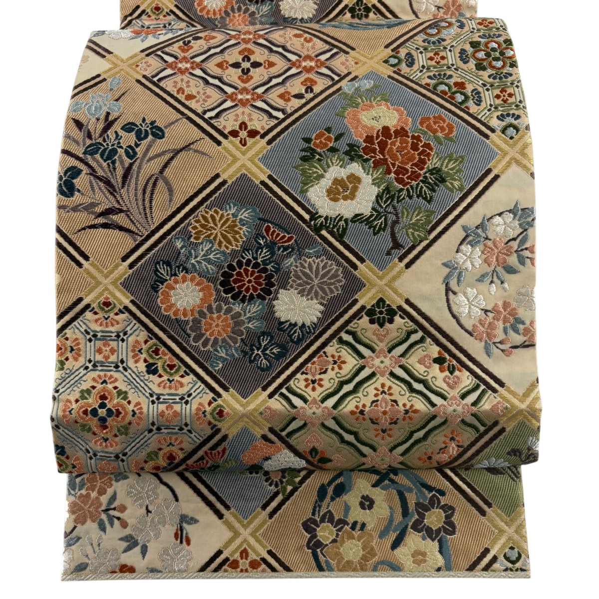袋帯 名品 関西仕立て 格天井 草花 箔 刺繍 薄茶色 六通 正絹 【中古】