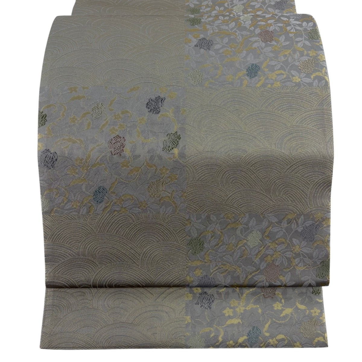 【美品】 袋帯 名品 箔屋清兵衛 落款あり 草木染 草花 波 箔 灰茶 六通 正絹 【中古】 msp50 6,083円
