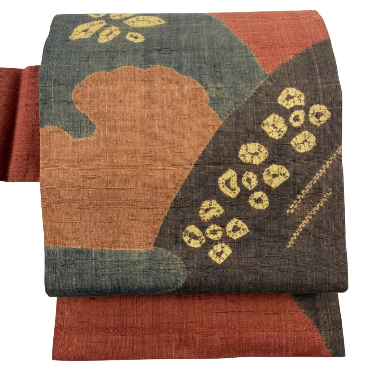名古屋帯 秀品 紬地 花 幾何学 赤茶 正絹 【中古】
