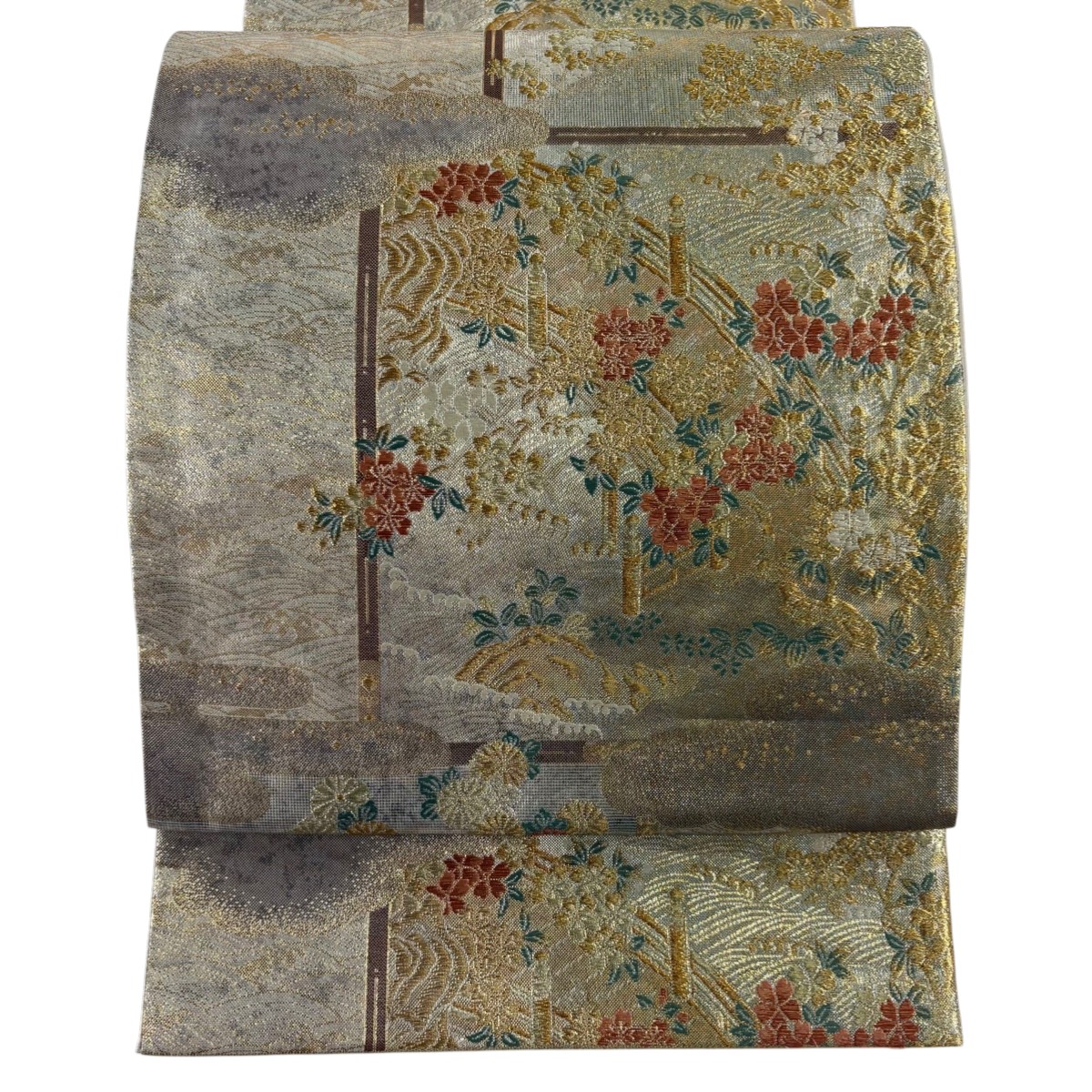 【美品】 袋帯 秀品 草花 橋 箔 刺繍 金色 六通 正絹 【中古】