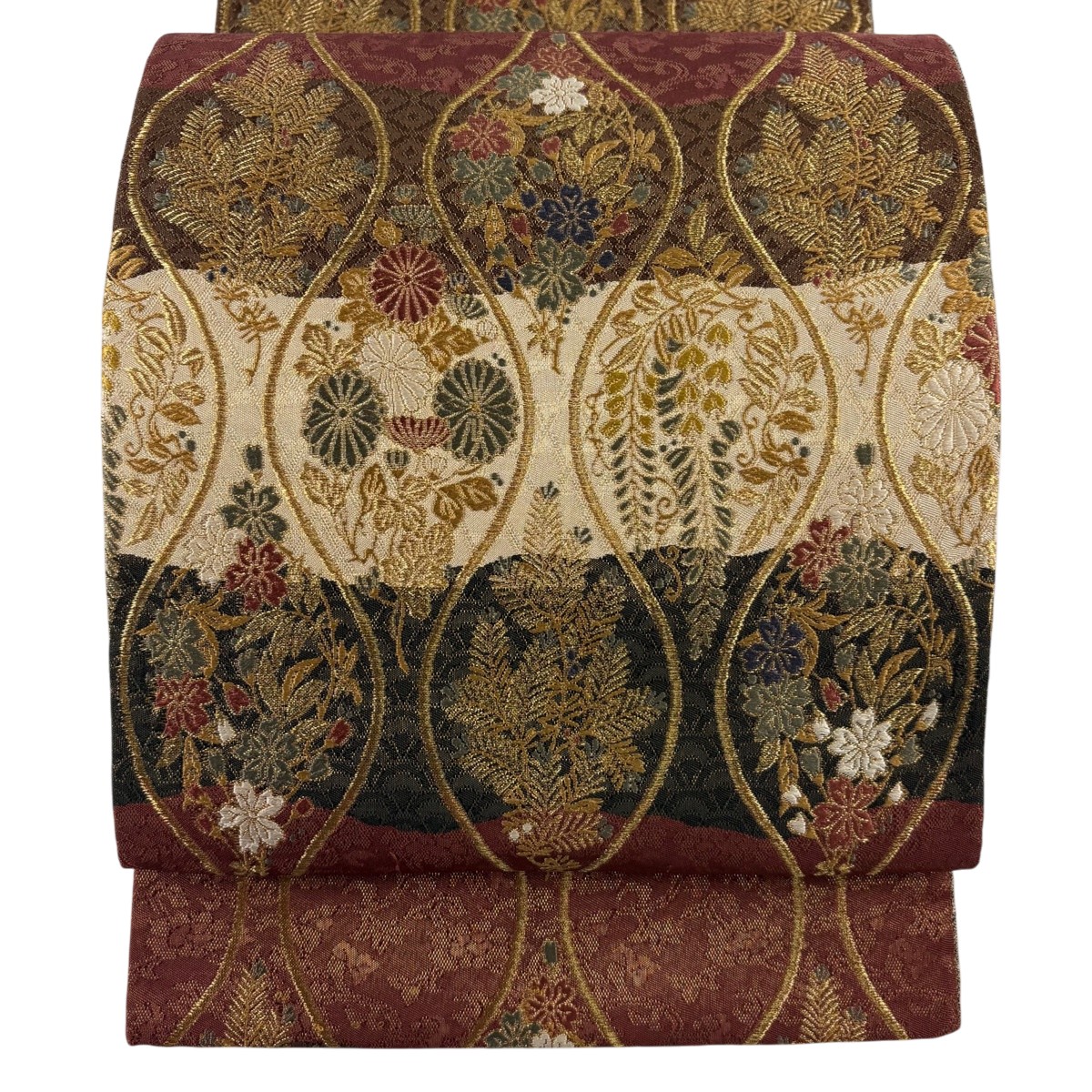【美品】 袋帯 秀品 立涌 草花 金糸 金通し 茜色 六通 正絹 【中古】