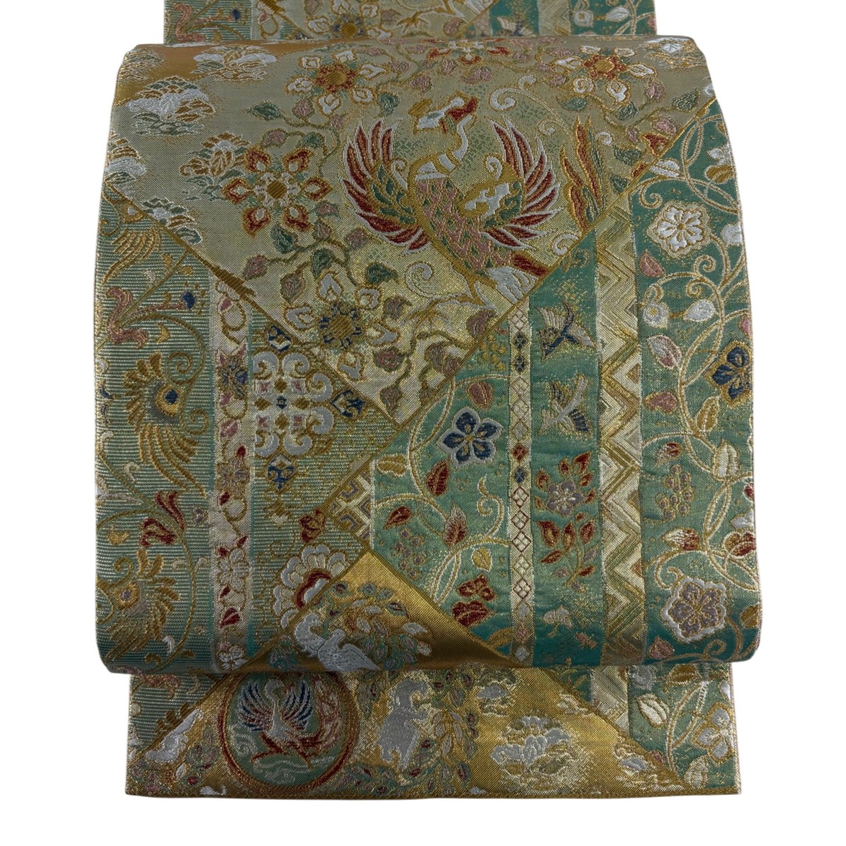 【美品】 袋帯 秀品 関西仕立て 鳳凰 草花 金糸 箔 金色 六通 正絹 【中古】