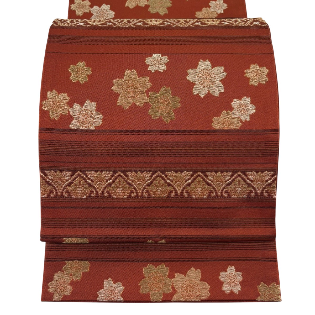 袋名古屋帯 秀品 段縞 桜 金糸 赤茶 正絹 【中古】