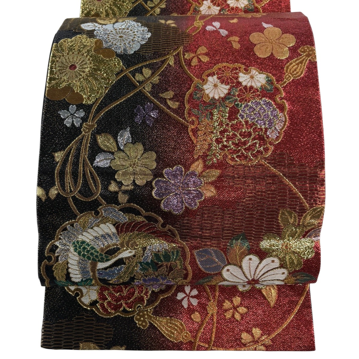 【美品】 袋帯 秀品 振袖向き 雪輪 花鳥 箔 赤 六通 正絹 【中古】
