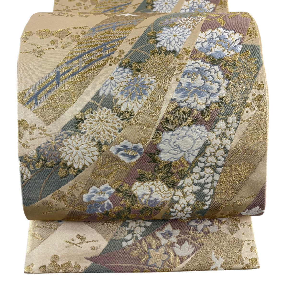 【美品】 袋帯 秀品 短冊 草花 金糸 唐織 ベージュ 六通 正絹 【中古】