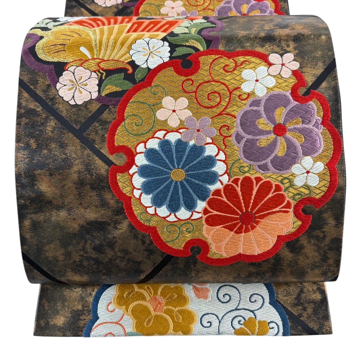 袋帯 秀品 引箔 雪輪桧垣文 花唐草 金糸 唐織 金茶 六通 正絹 【中古】