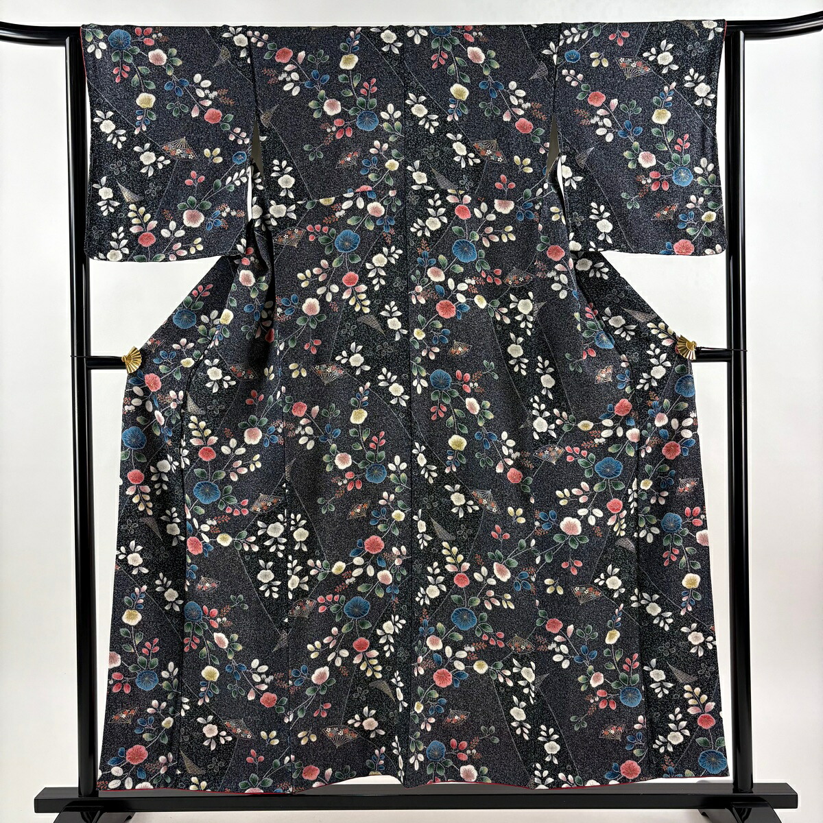 【美品】 小紋 身丈154.5cm 裄丈62.5cm S 袷 草花 扇 金銀彩 紺色 正絹 秀品 【中古】