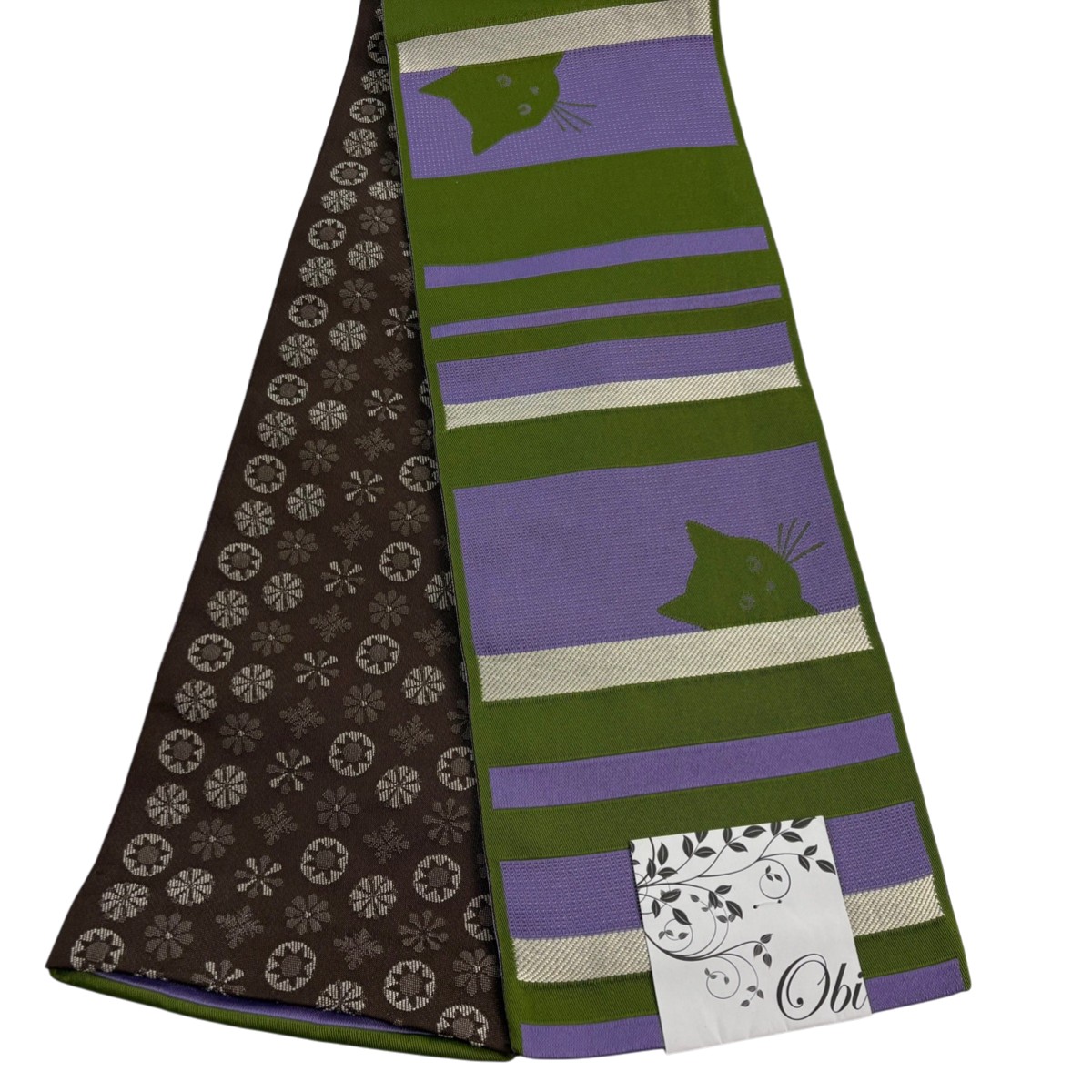 【美品】半幅帯 秀品 猫 縞 よもぎ色 化繊 【中古】