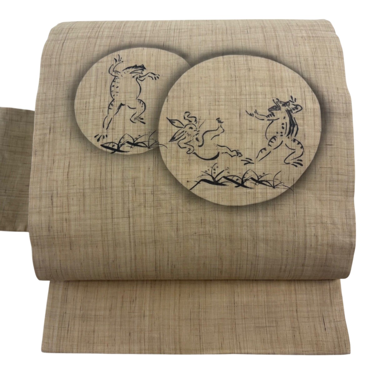 名古屋帯 逸品 夏帯 鳥獣戯画 ベージュ 麻 【中古】 29,120円