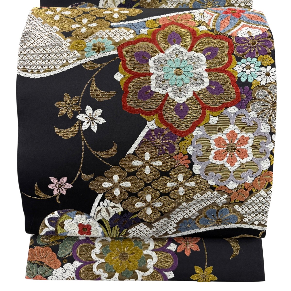 【美品】 袋帯 秀品 華文 草花 金銀糸 箔 黒 六通 正絹 【中古】