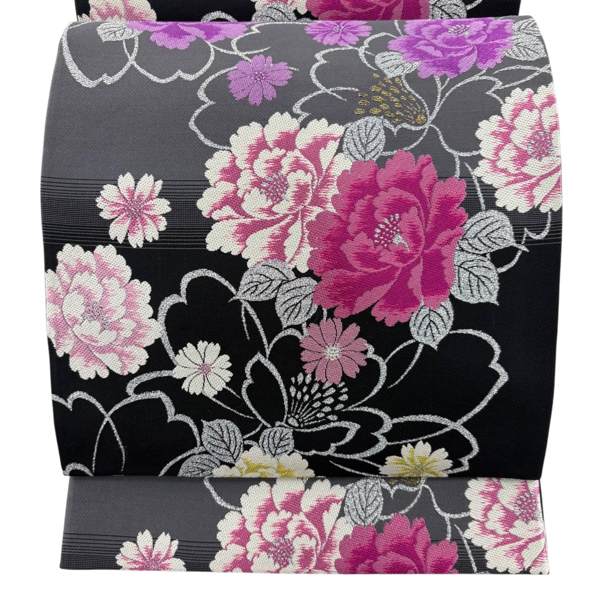 【美品】 袋帯 秀品 絢爛牡丹文 箔 黒 六通 正絹 【中古】