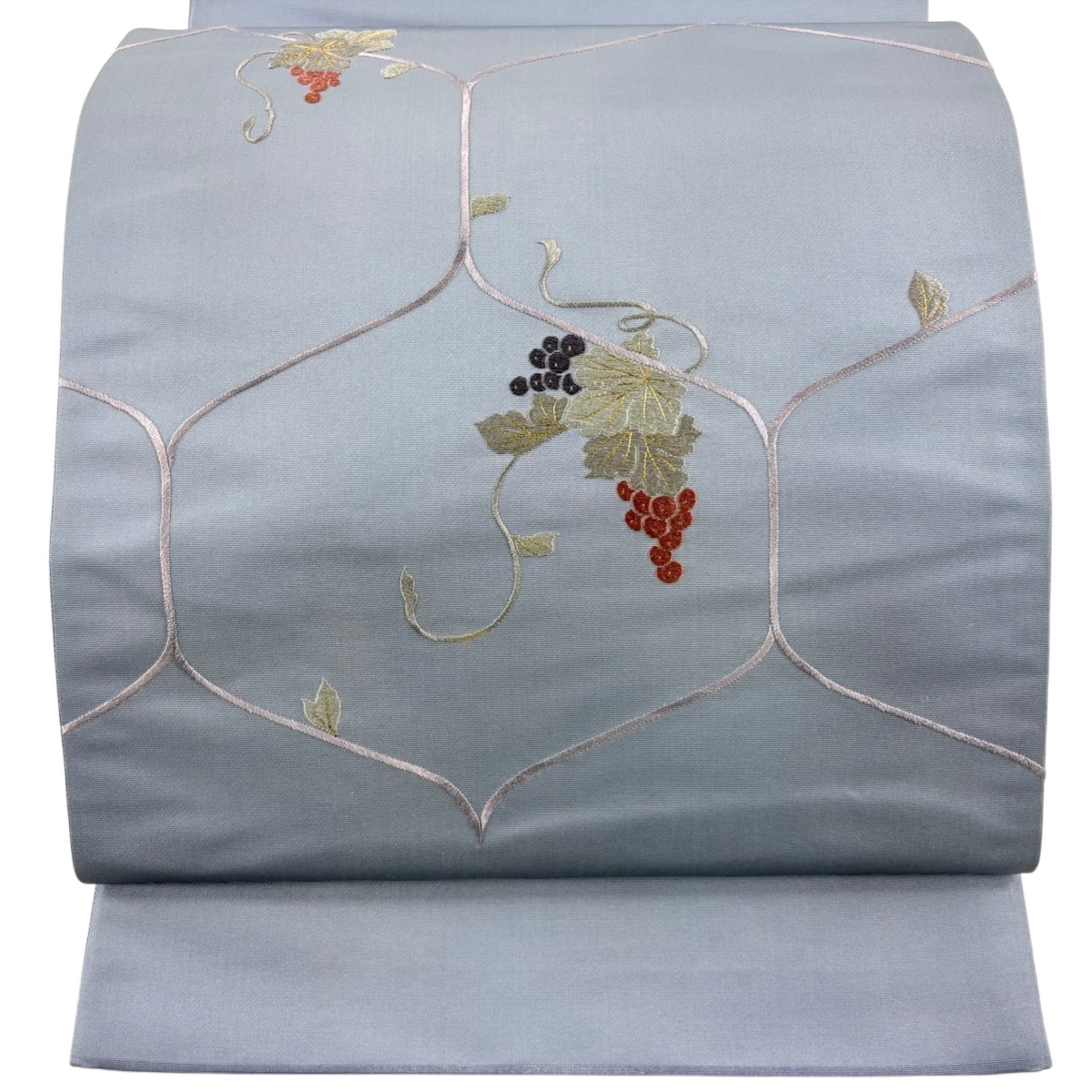袋帯 秀品 関西仕立て 葡萄 幾何学模様 刺繍 金糸 青灰色 お太鼓柄 正絹 【中古】