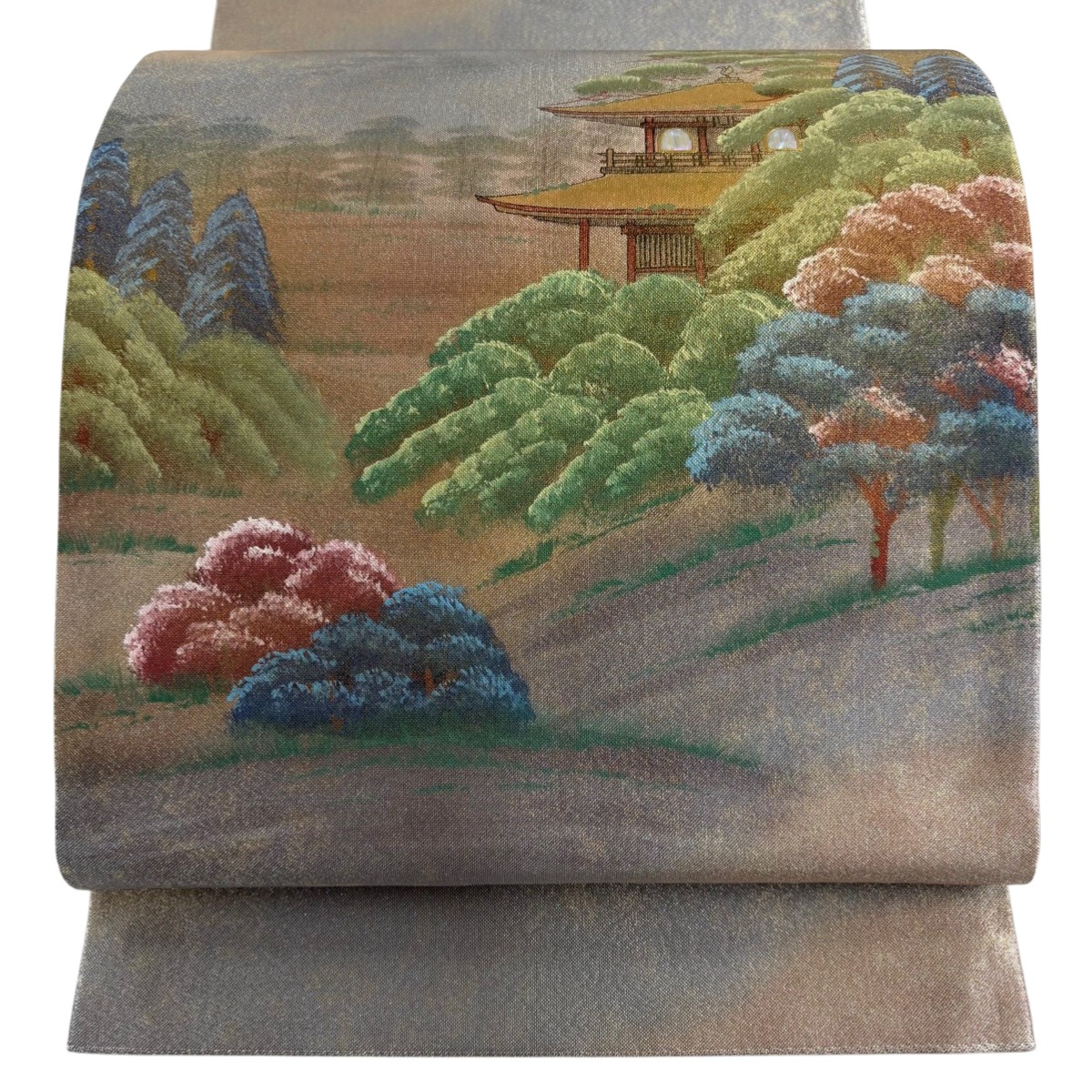 【美品】 袋帯 秀品 落款あり 風景 金閣寺 螺鈿 銀糸 金色 お太鼓柄 正絹 【中古】