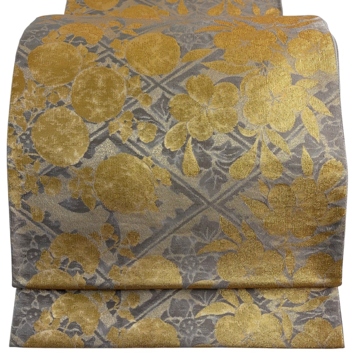 【美品】 袋帯 秀品 桜 菱格子 箔 灰茶 六通 正絹 【中古】