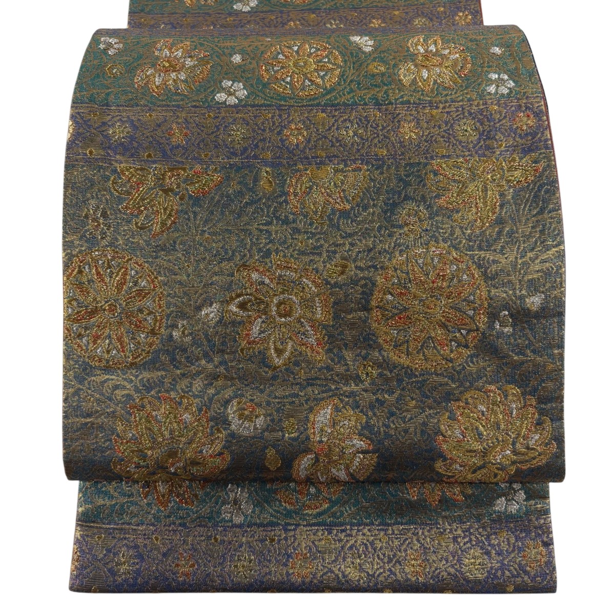 【美品】 袋帯 秀品 華文 草花 金糸 箔 青緑 六通 正絹 【中古】