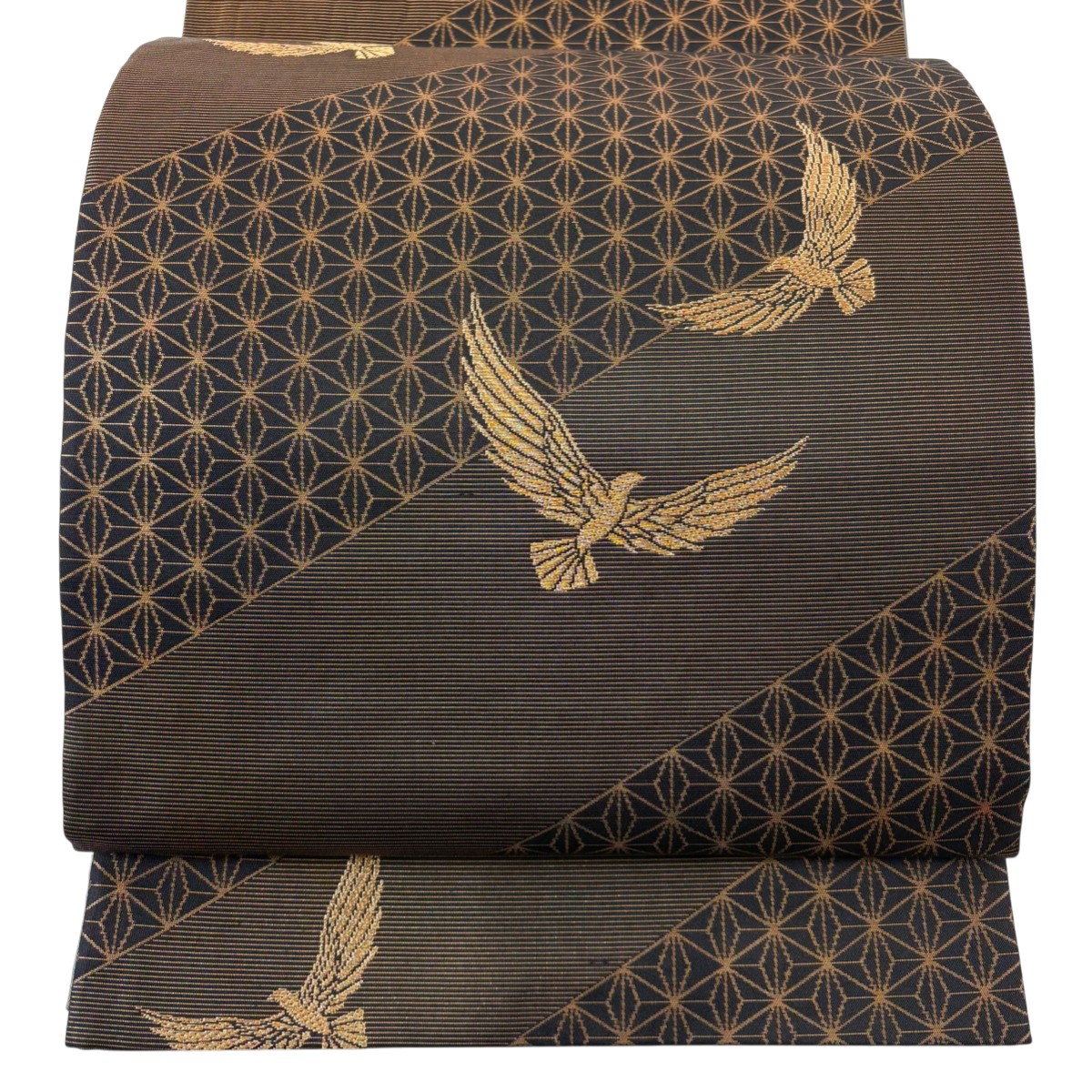 袋帯 名品 鳥 麻の葉 箔 金糸 焦茶色 六通 正絹 【中古】