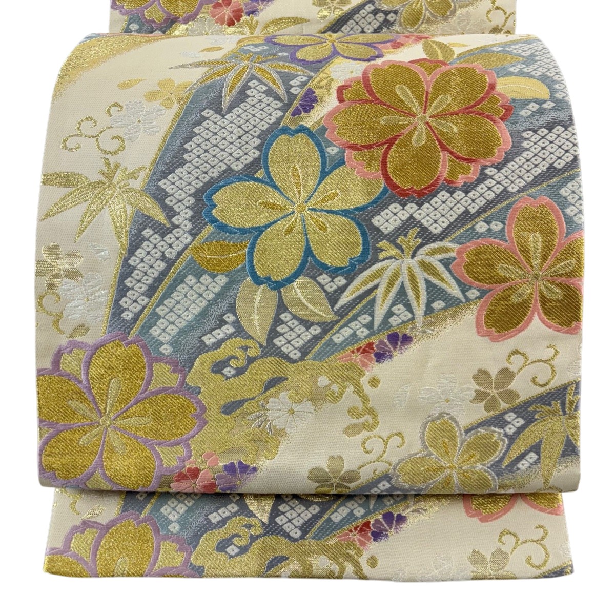 袋帯 秀品 桜 笹 金銀糸 箔 クリーム 六通 正絹 【中古】