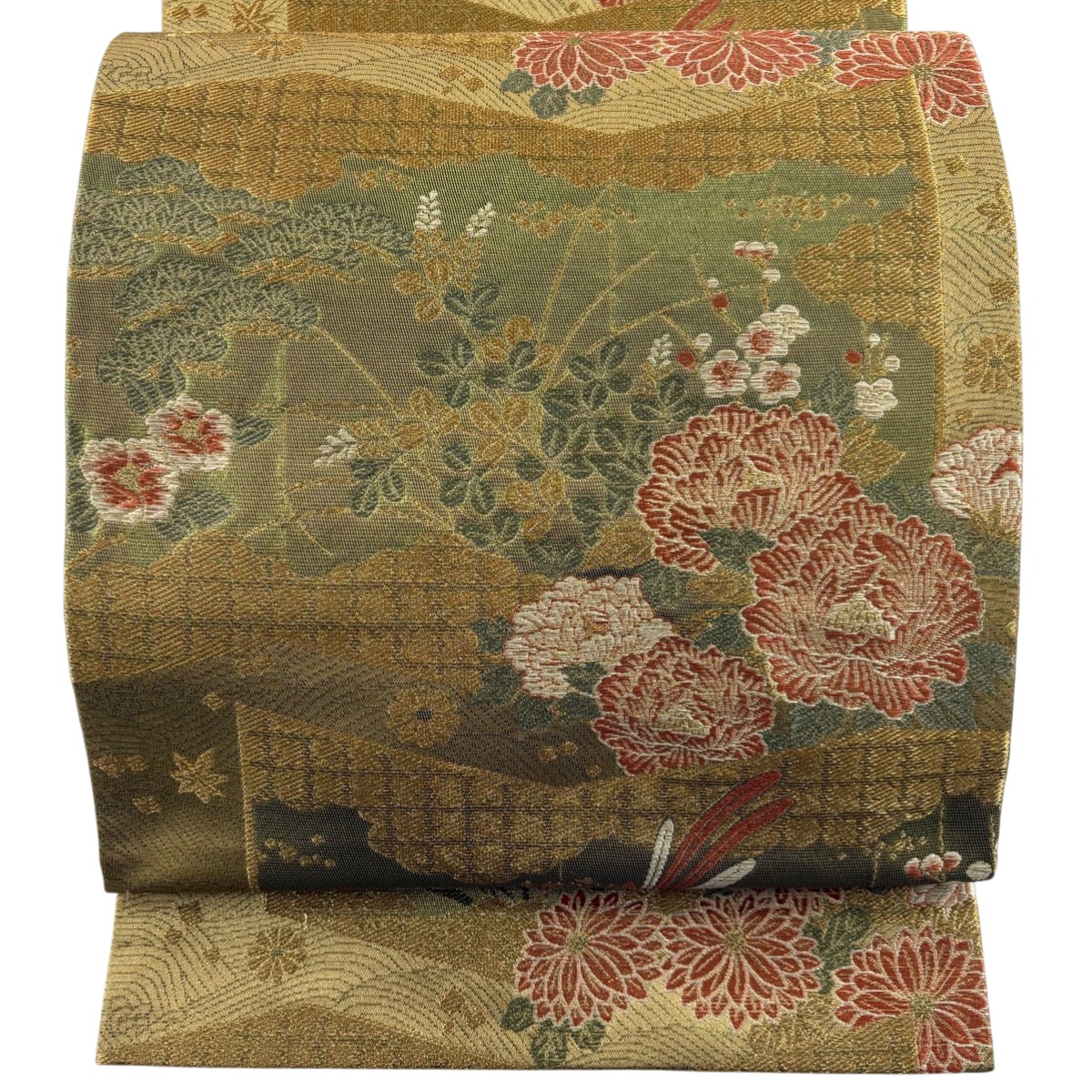 【美品】 袋帯 秀品 屏風 草花 金糸 箔 薄緑 六通 正絹 【中古】