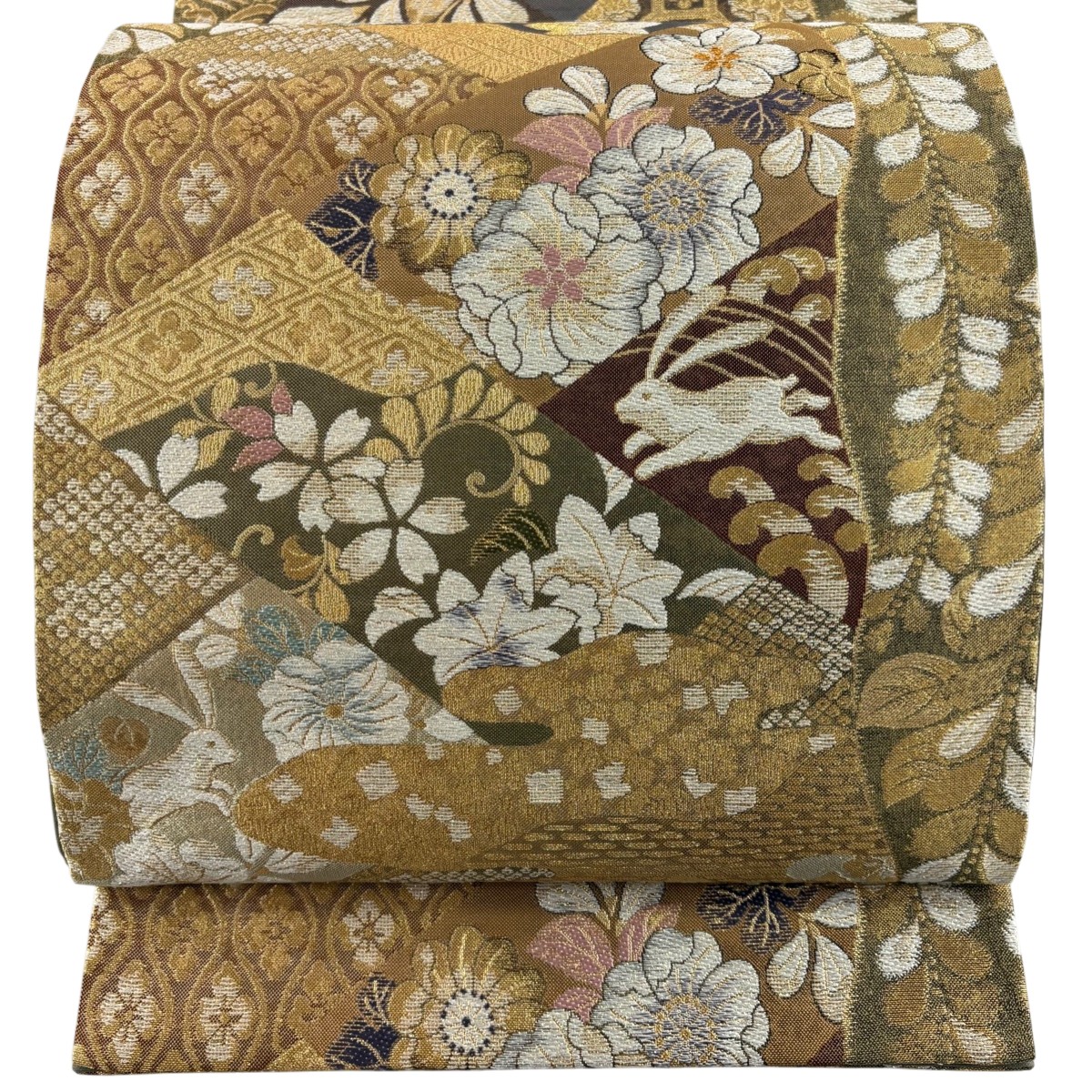 【美品】 袋帯 秀品 草花 うさぎ 金糸 箔 薄茶色 六通 正絹 【中古】
