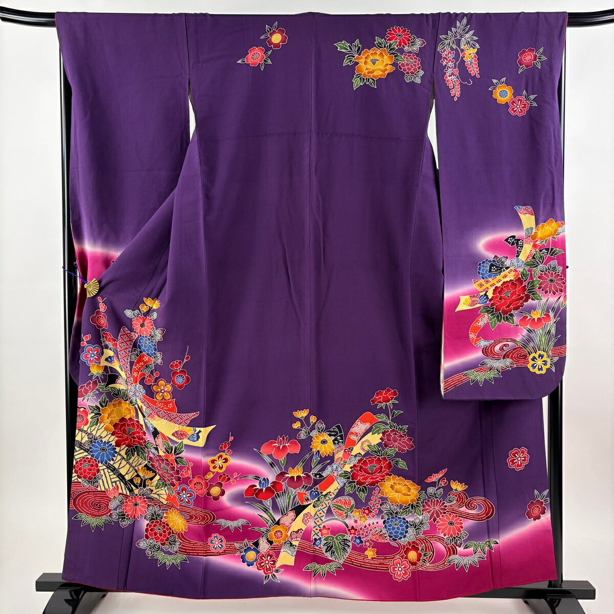 振袖 身丈159.5cm 裄丈68cm L 袷 牡丹 束ね熨斗 染め分け ぼかし 紫 正絹 名品 【中古】