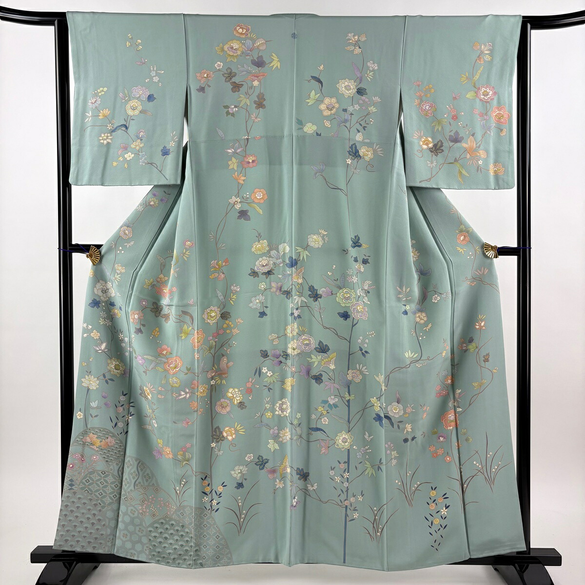 【美品】 訪問着 身丈159cm 裄丈63cm S 袷 枝花 有職文様 薄緑 正絹 名品 一つ紋 【中古】