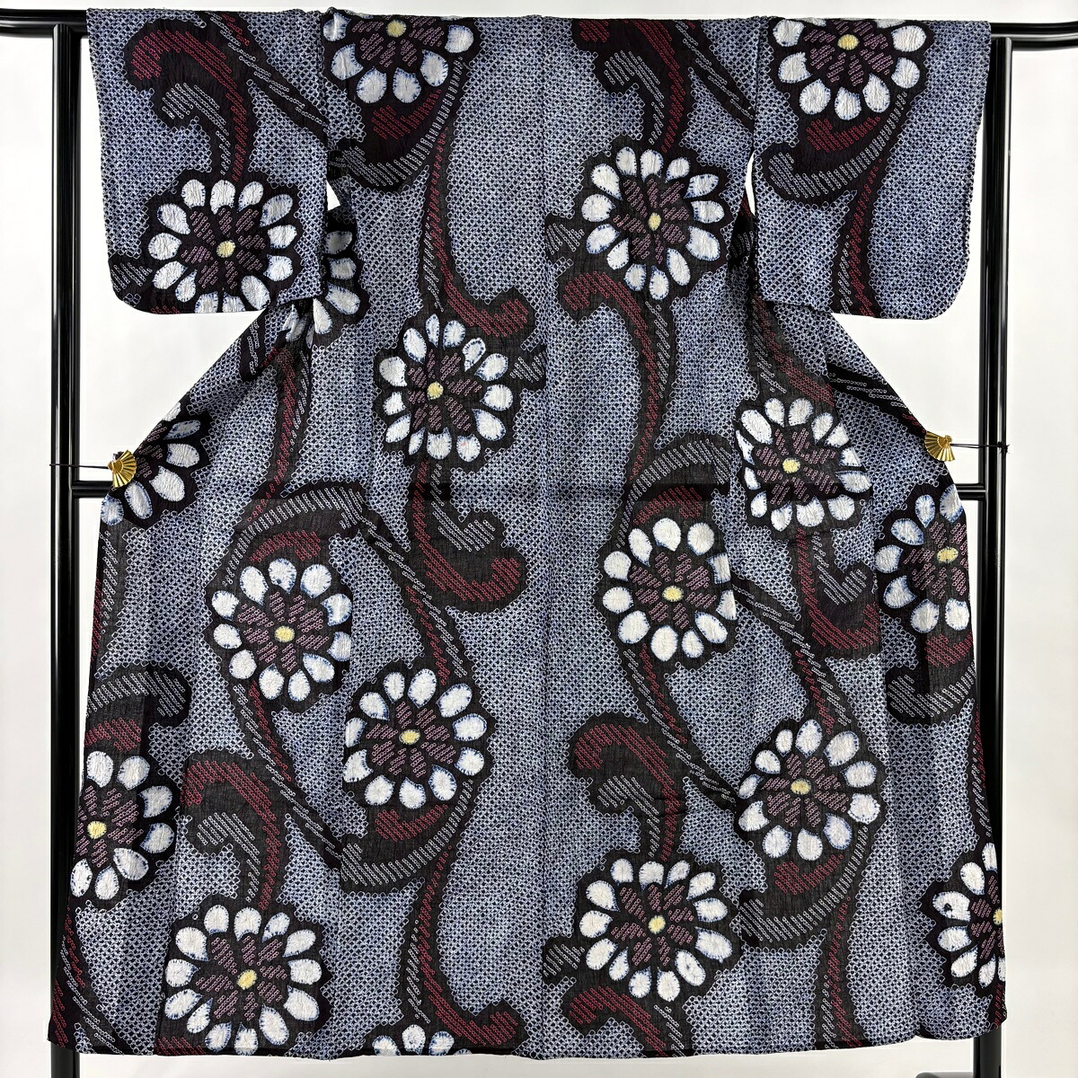 【美品】 浴衣 身丈153cm 裄丈63cm S 絞り浴衣 花 幾何学模様 絞り 紺色 綿 名品 【中古】