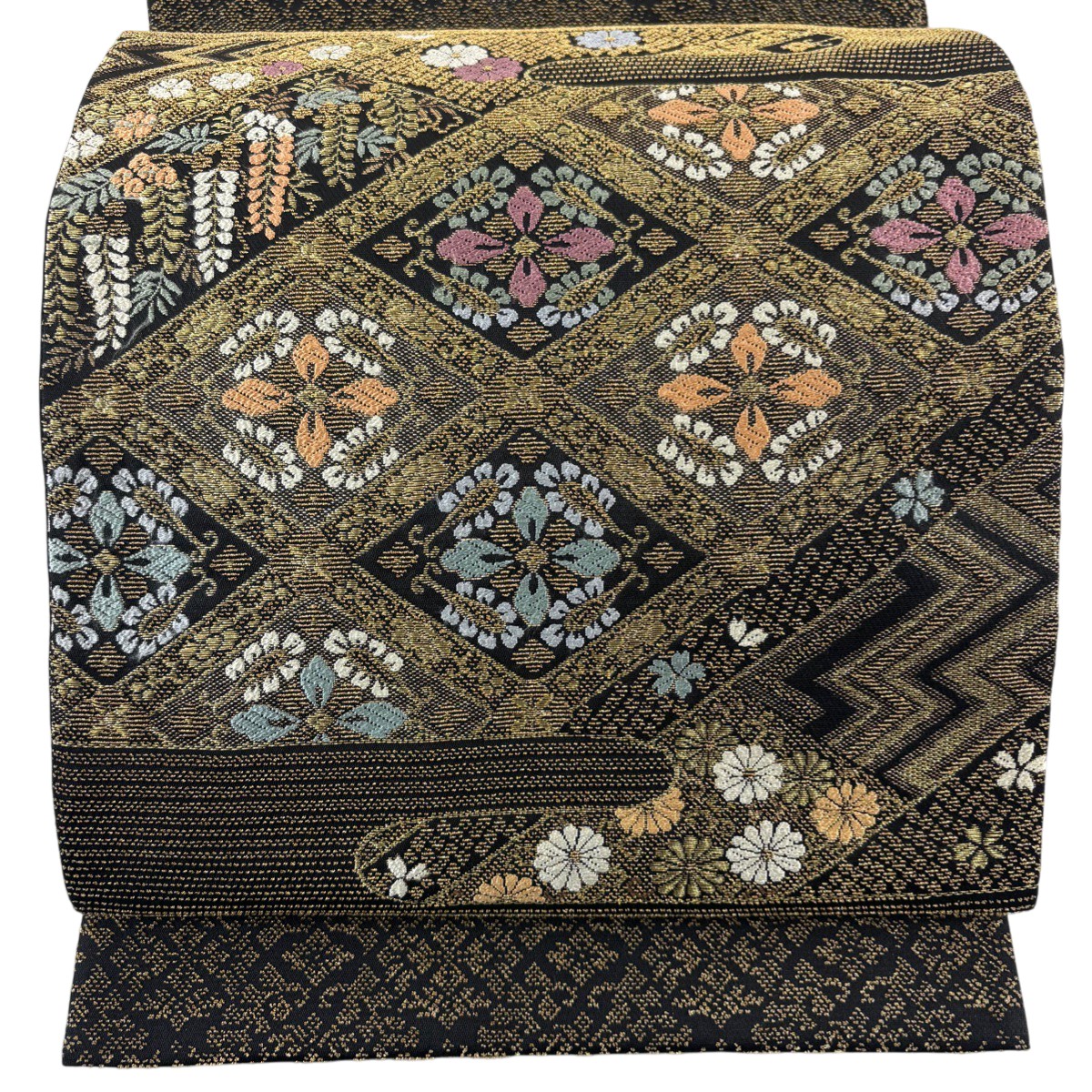 袋帯 名品 格天井 草花 金糸 唐織 黒 お太鼓柄 正絹 【中古】