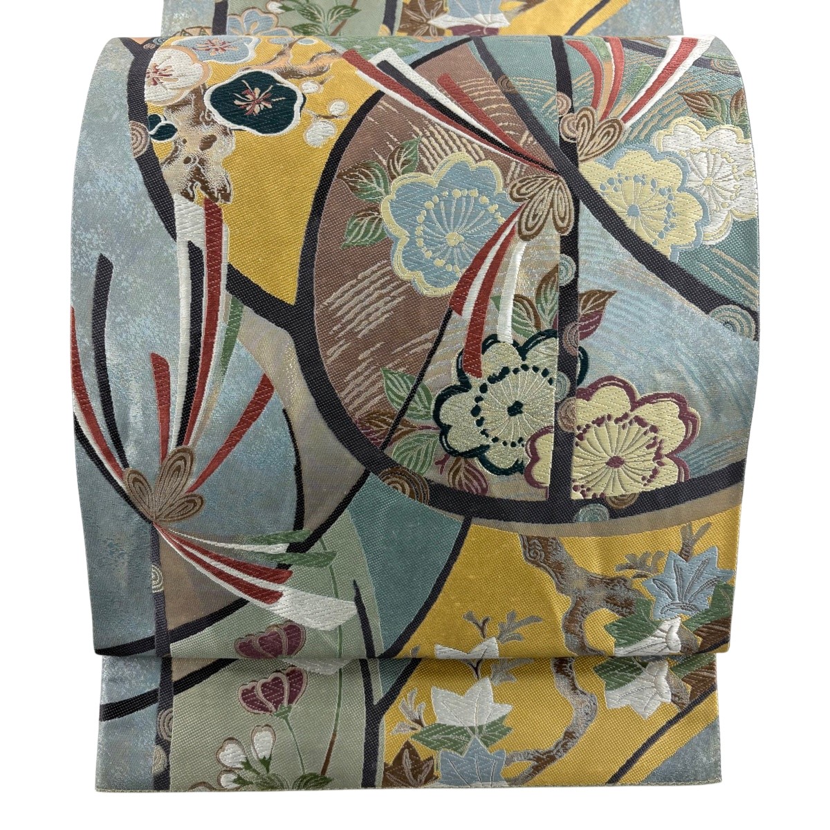 袋帯 名品 関西仕立て 桜 枝梅 箔 唐織 青灰色 六通 正絹 【中古】