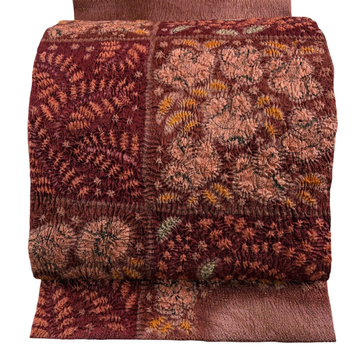 【美品】 開き名古屋帯 名品 草花 金通し 絞り 赤紫 正絹 【中古】