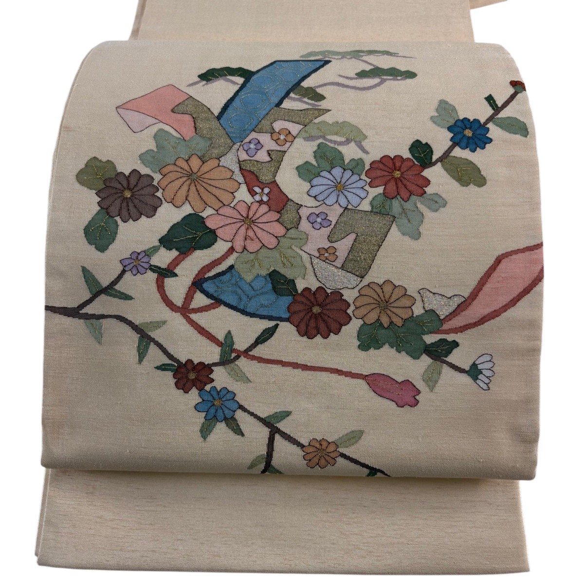 袋帯 名品 菊 組紐 金糸 薄オレンジ お太鼓柄 正絹 【中古】