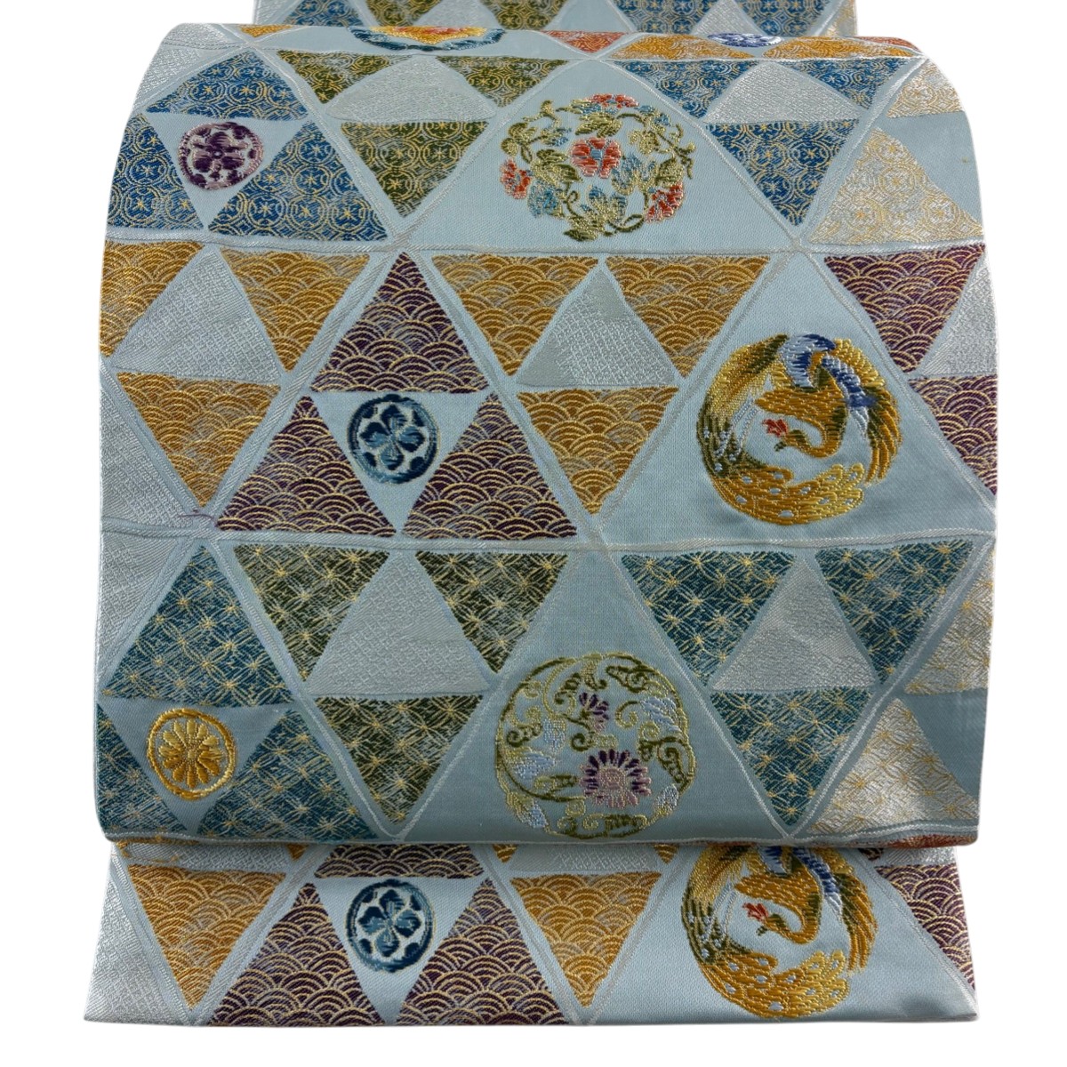 袋帯 名品 鱗 花丸文 箔 刺繍 青灰色 六通 正絹 【中古】