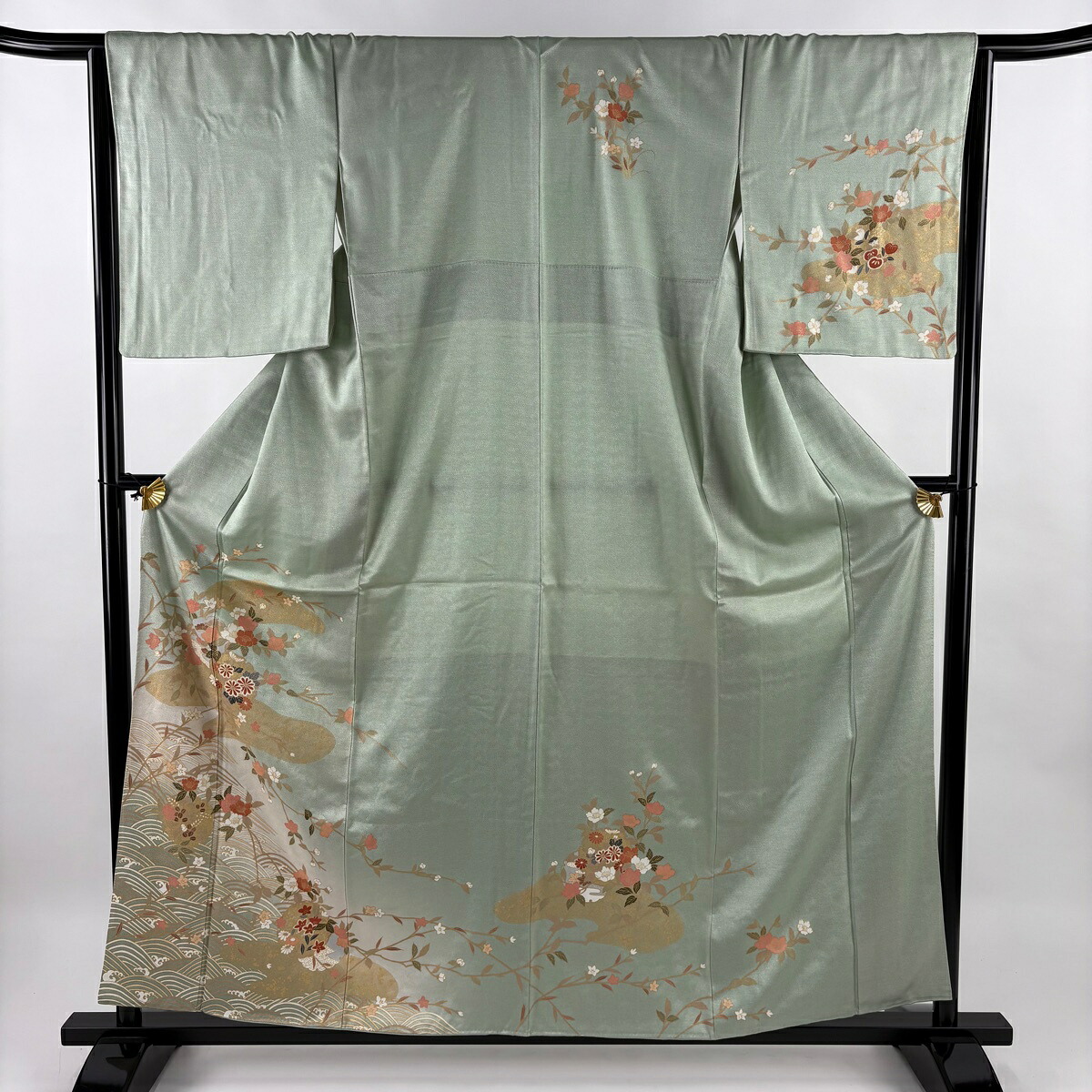 訪問着 身丈159cm 裄丈65.5cm M 袷 雪輪 枝花 金彩 ぼかし 薄緑 正絹 秀品 【中古】