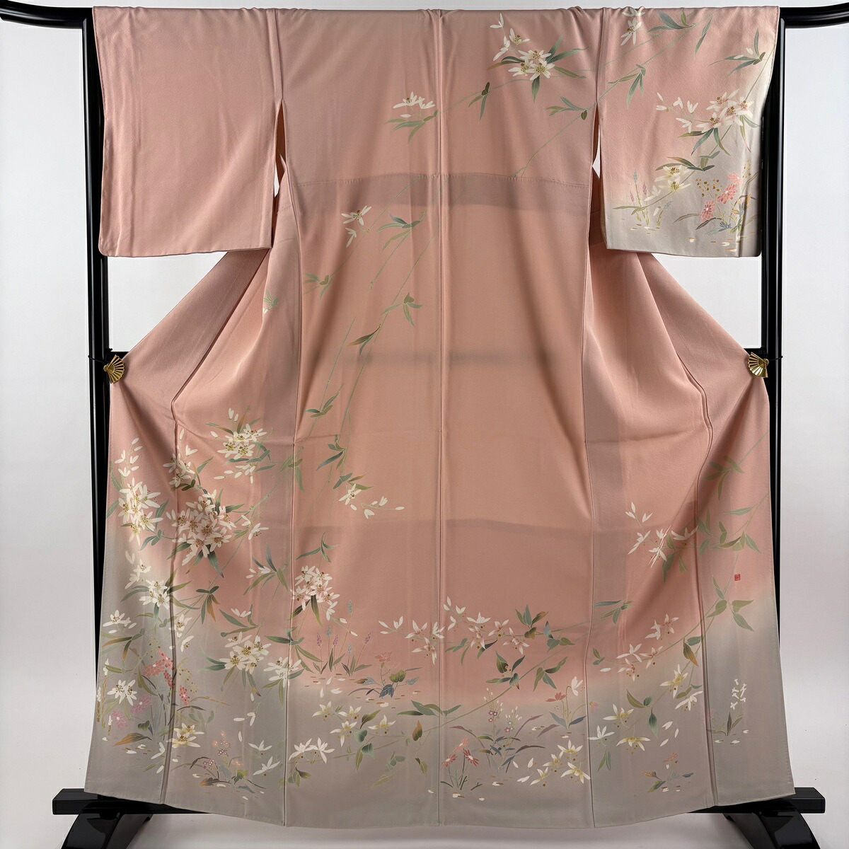 訪問着 身丈164cm 裄丈66.5cm M 袷 落款あり 枝花 草花 染め分け ピンクベージュ 正絹 秀品 【中古】