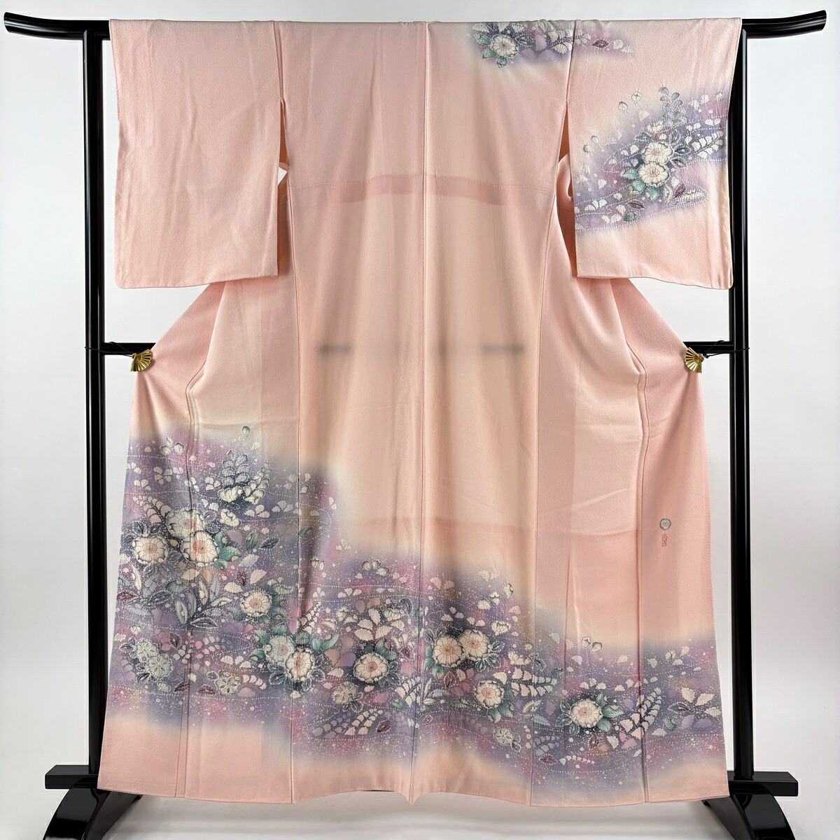 訪問着 身丈162cm 裄丈63cm S 袷 翠山工房 落款あり 辻が花 染め分け ぼかし 薄ピンク 正絹 名品 【中古】