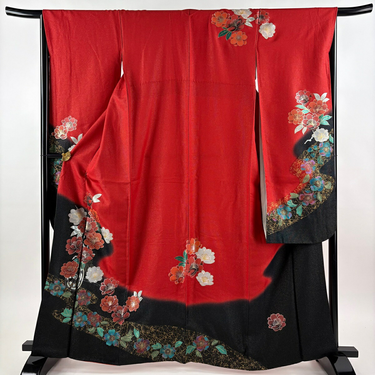振袖 身丈164.5cm 裄丈67cm M 袷 花車 桜 銀通し 金銀彩 赤 正絹 名品 【中古】 msp50