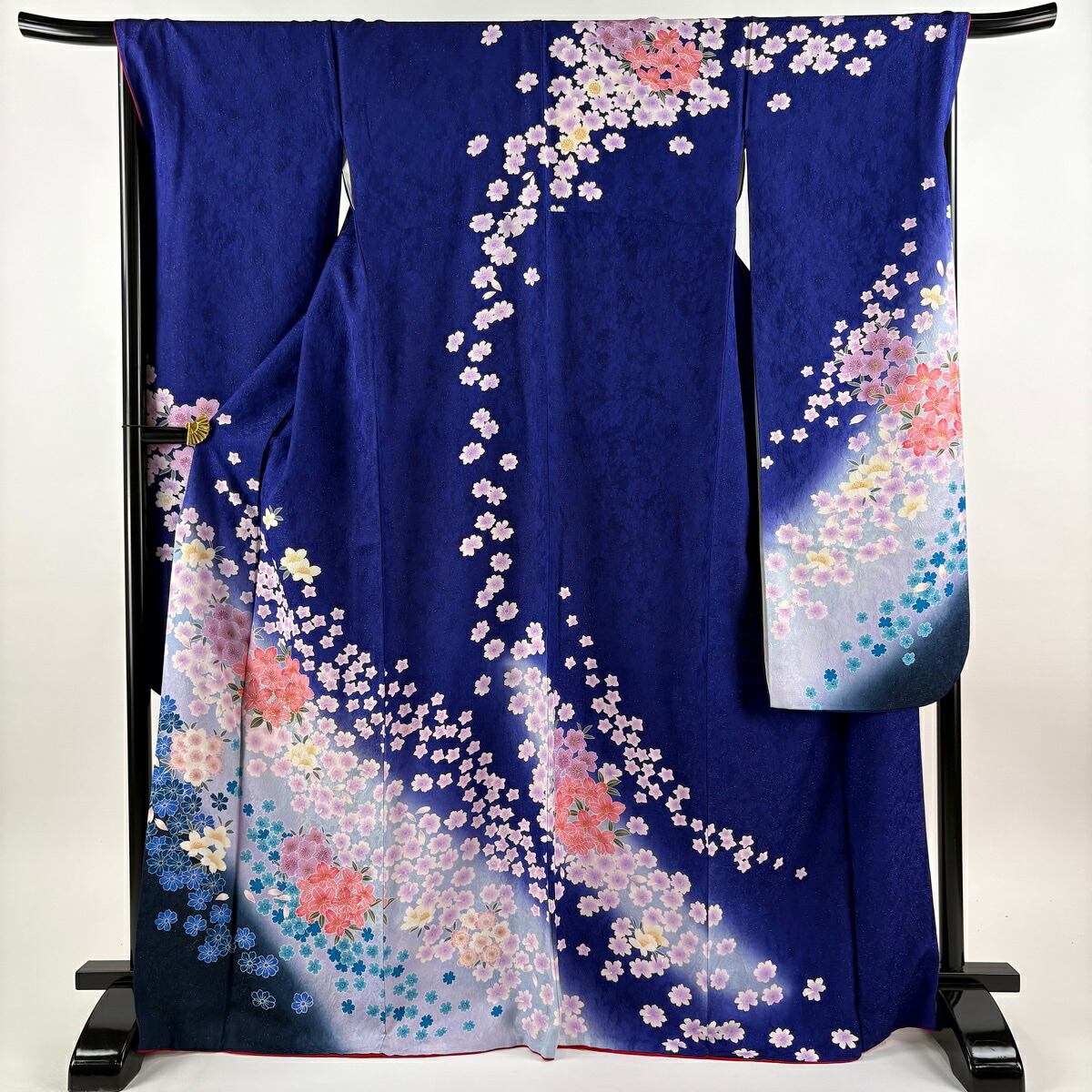 【美品】 振袖 身丈170cm 裄丈69cm L 袷 桜 草花 銀通し 箔 青紫 正絹 名品 【中古】