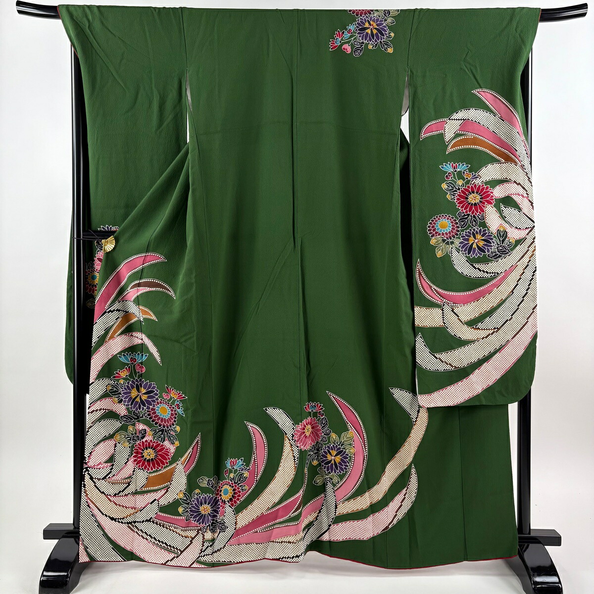 振袖 身丈165cm 裄丈70cm L 袷 菊 深緑 正絹 名品 【中古】