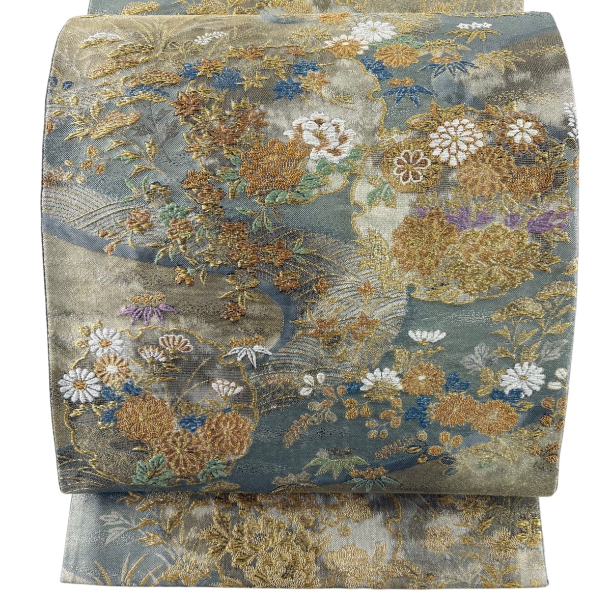 【美品】 袋帯 秀品 雪輪 草花 金糸 箔 青灰色 六通 正絹 【中古】