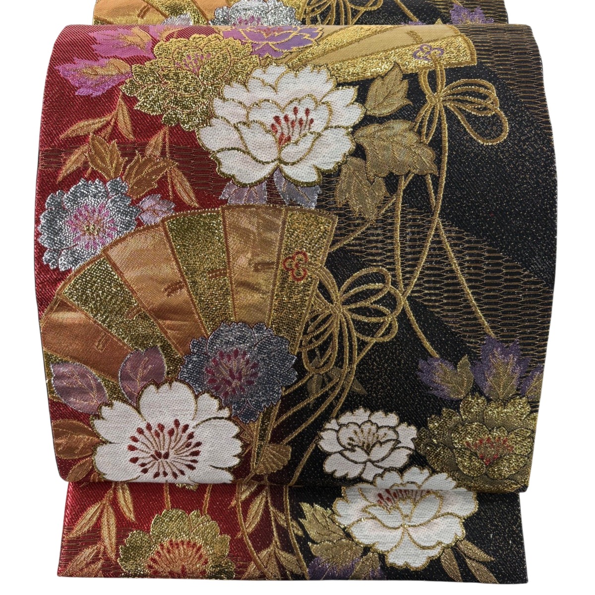 【美品】 袋帯 秀品 檜扇 桜 箔 金糸 黒 六通 正絹 【中古】