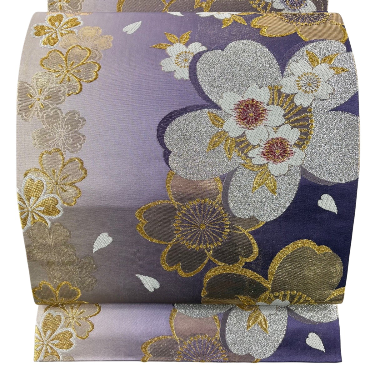【美品】 袋帯 秀品 桜 花びら 唐織 箔 紫 六通 正絹 【中古】